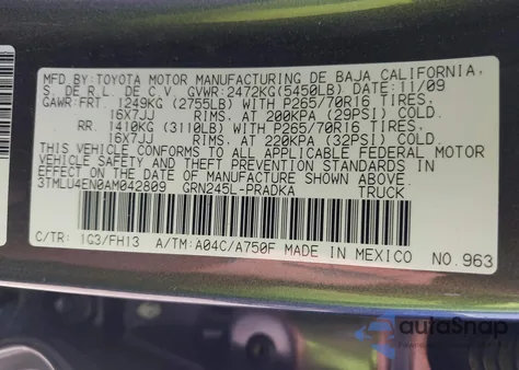 2010 Toyota Tacoma Base V6 из США, поврежденный, VIN 3TMLU4EN0AM042809